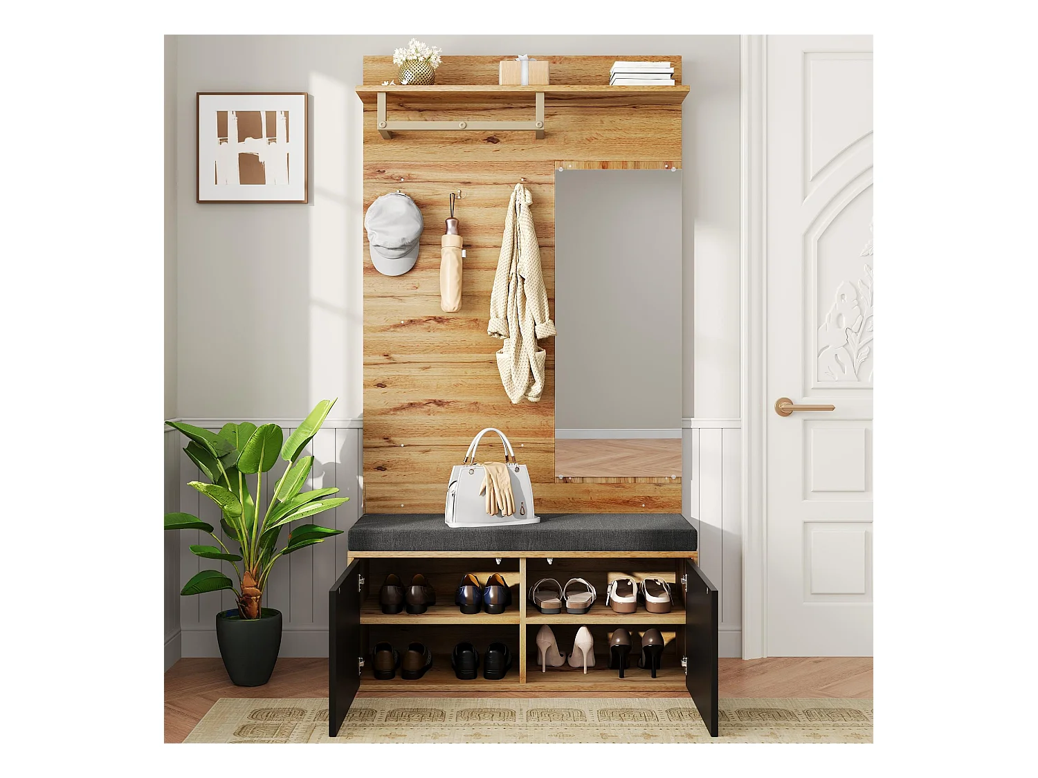 Ensemble vestiaire d'entrée 100x38x190 cm - avec miroir et patères -  Avec meuble à chaussures et banc à chaussures - Naturel+noir