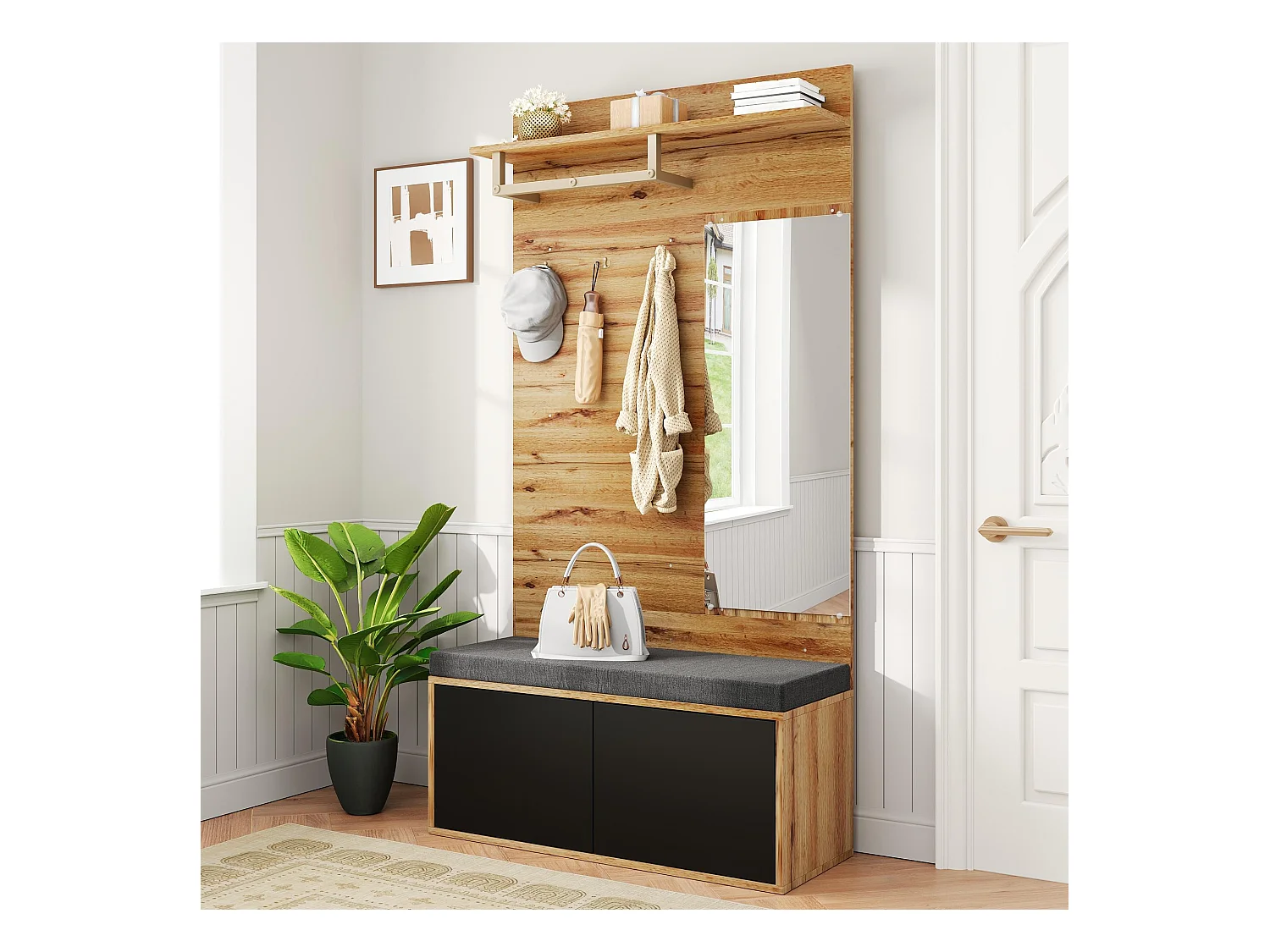 Ensemble vestiaire d'entrée 100x38x190 cm - avec miroir et patères -  Avec meuble à chaussures et banc à chaussures - Naturel+noir