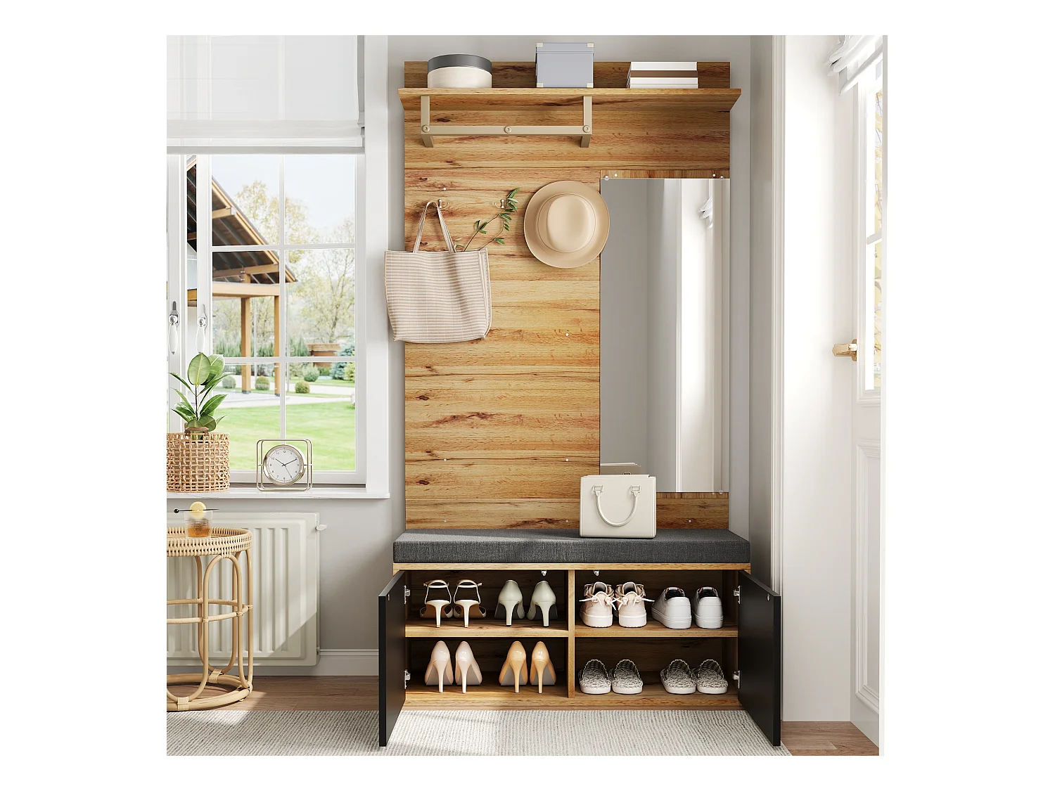 Ensemble vestiaire d'entrée 100x38x190 cm - avec miroir et patères -  Avec meuble à chaussures et banc à chaussures - Naturel+noir