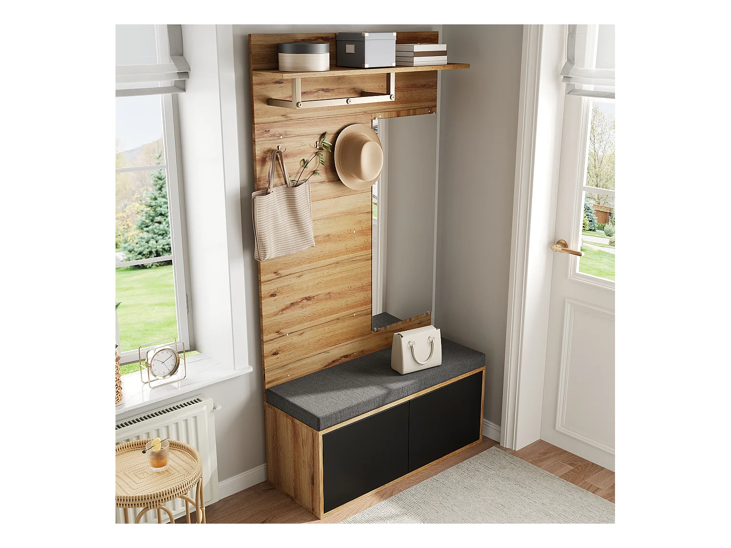 Ensemble vestiaire d'entrée 100x38x190 cm - avec miroir et patères -  Avec meuble à chaussures et banc à chaussures - Naturel+noir