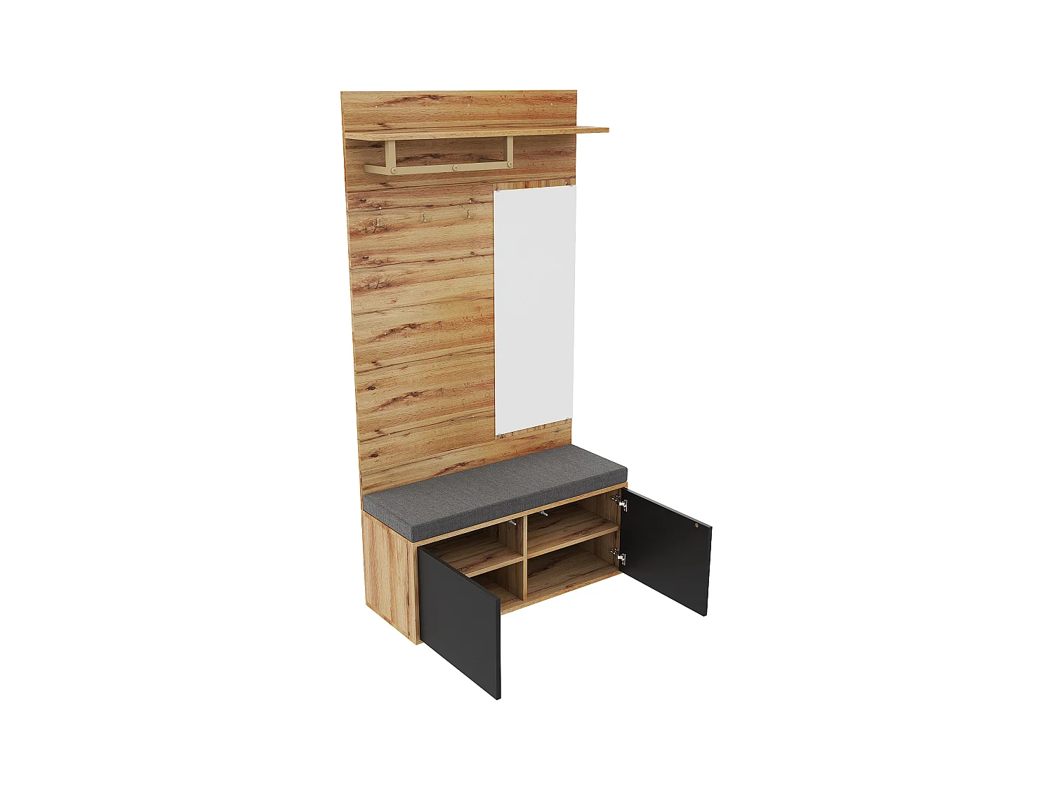 Ensemble vestiaire d'entrée 100x38x190 cm - avec miroir et patères -  Avec meuble à chaussures et banc à chaussures - Naturel+noir