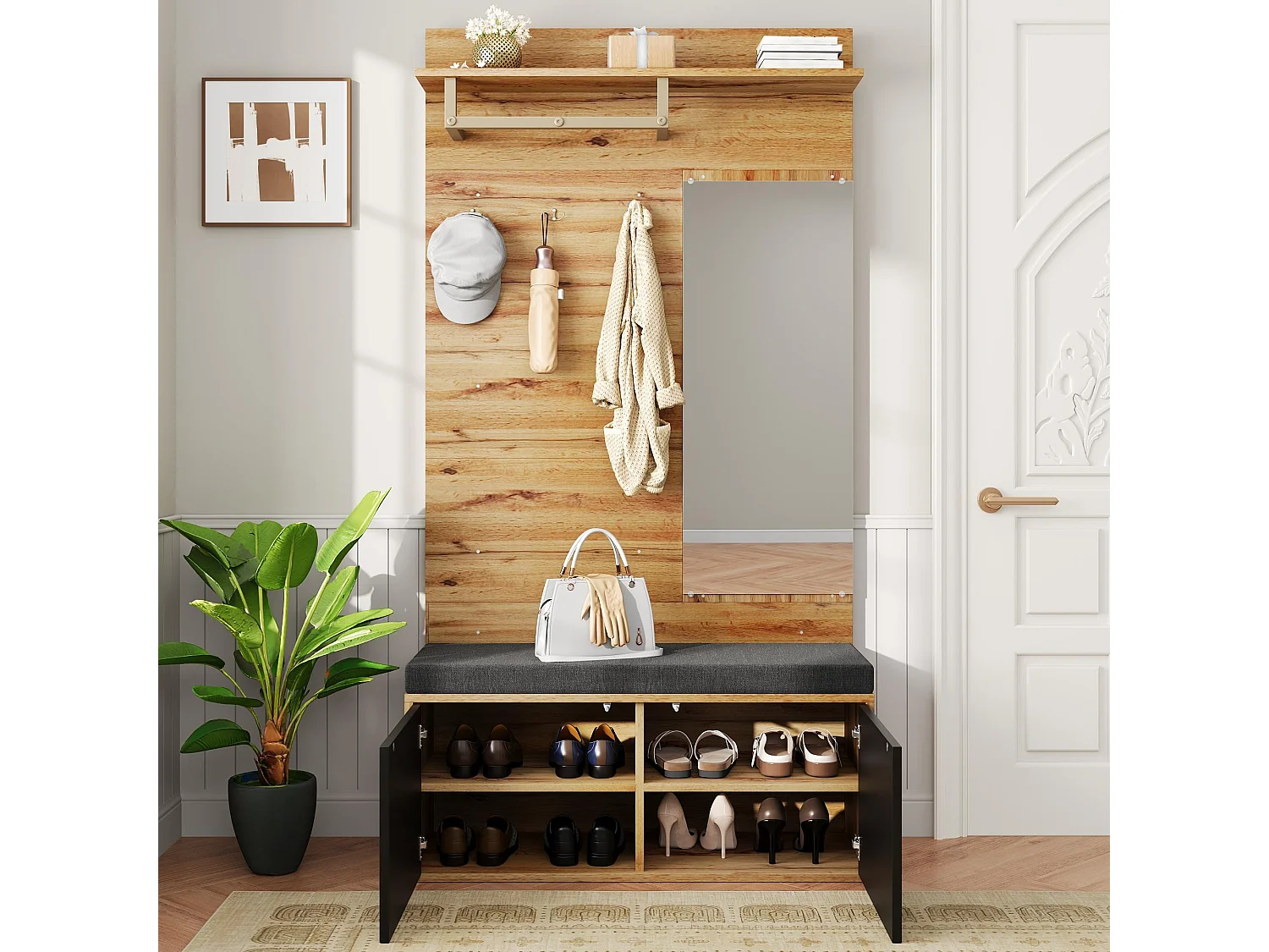 Ensemble vestiaire d'entrée 100x38x190 cm - avec miroir et patères -  Avec meuble à chaussures et banc à chaussures - Naturel+noir