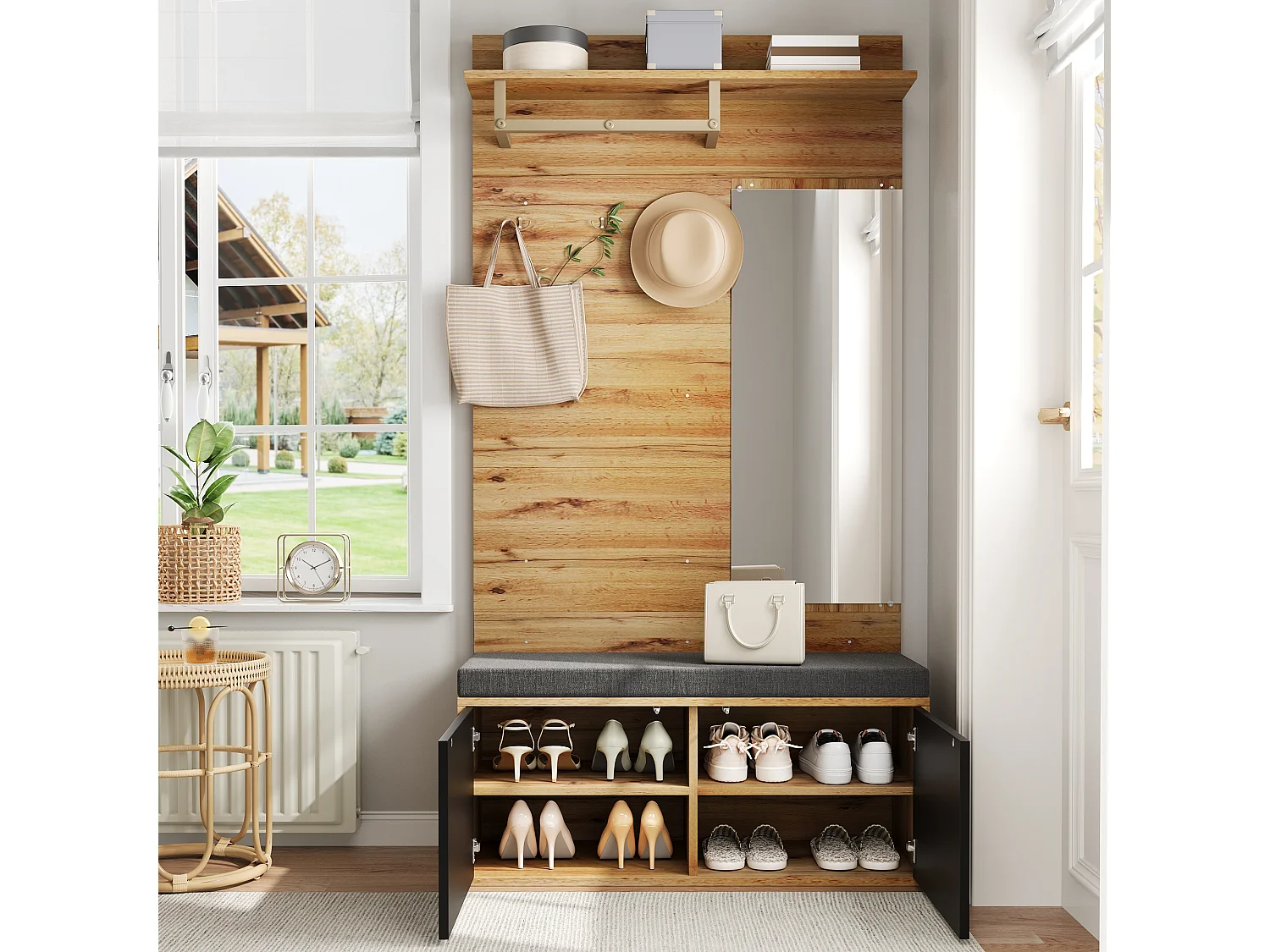 Ensemble vestiaire d'entrée 100x38x190 cm - avec miroir et patères -  Avec meuble à chaussures et banc à chaussures - Naturel+noir