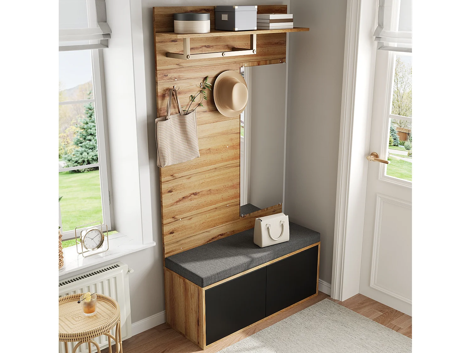 Ensemble vestiaire d'entrée 100x38x190 cm - avec miroir et patères -  Avec meuble à chaussures et banc à chaussures - Naturel+noir