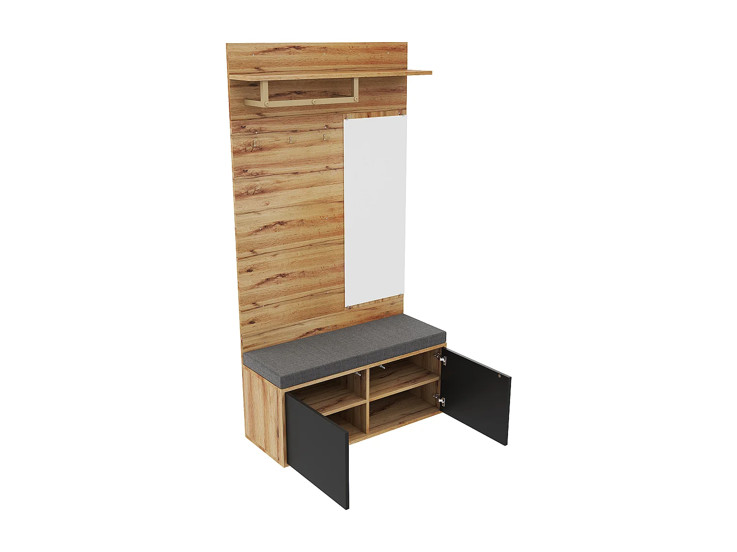 Ensemble vestiaire d'entrée 100x38x190 cm - avec miroir et patères -  Avec meuble à chaussures et banc à chaussures - Naturel+noir