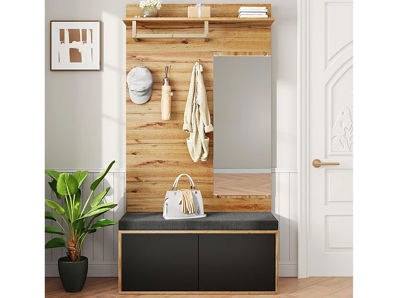 Inkomhal garderobeset 100x38x190 cm - met spiegel en kapstokken - met schoenenkast en schoenenbank - Natuur + zwart