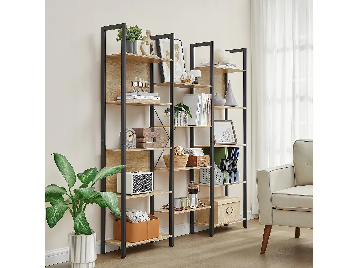 Bibliothèque double Valora – Style loft en chêne Sonoma avec 14 étagères