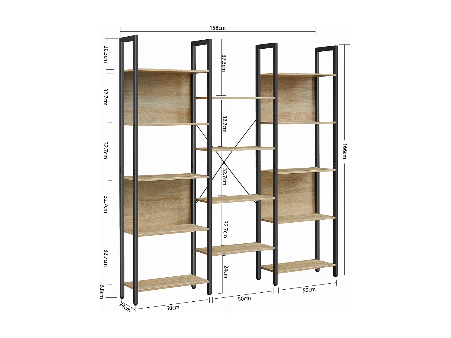 Bibliothèque double Valora – Style loft en chêne Sonoma avec 14 étagères