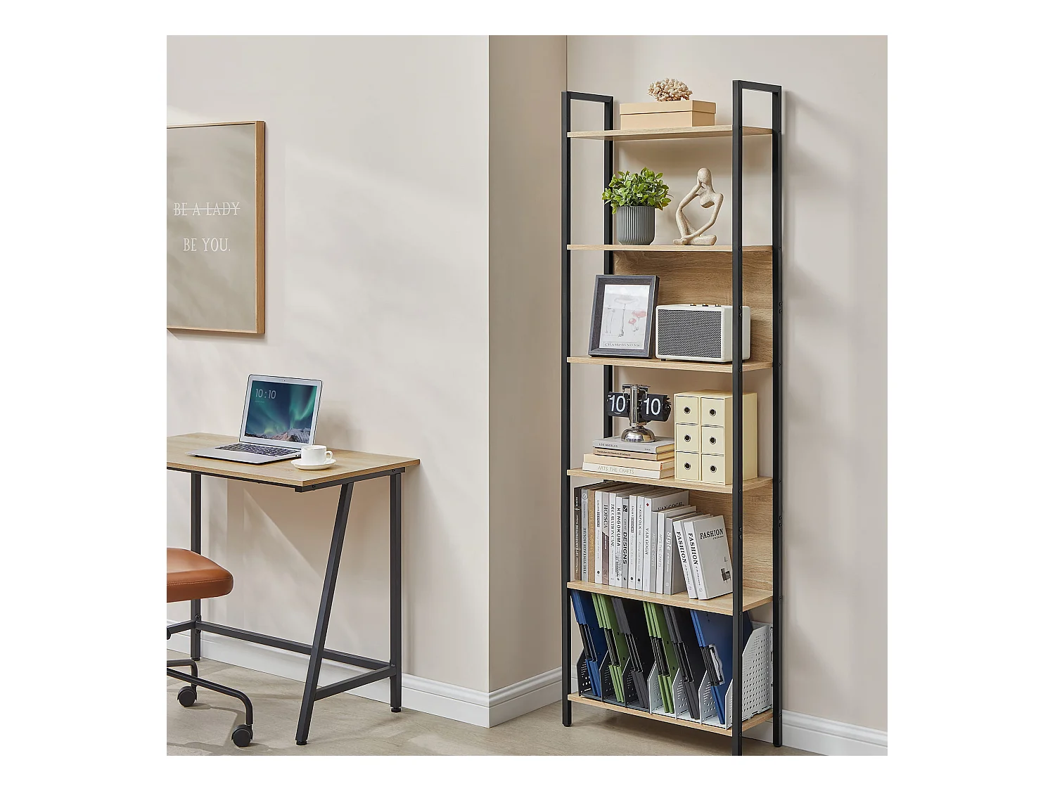 Librería Valora 6 estantes roble Sonoma marco negro organizador