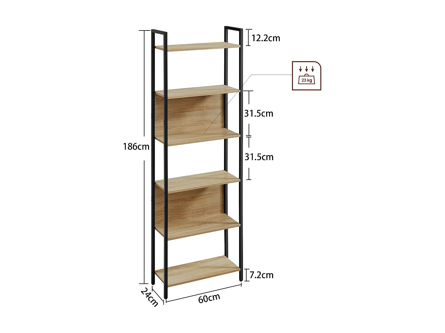 Bibliothèque Valora 6 étagères chêne Sonoma cadre noir rangement