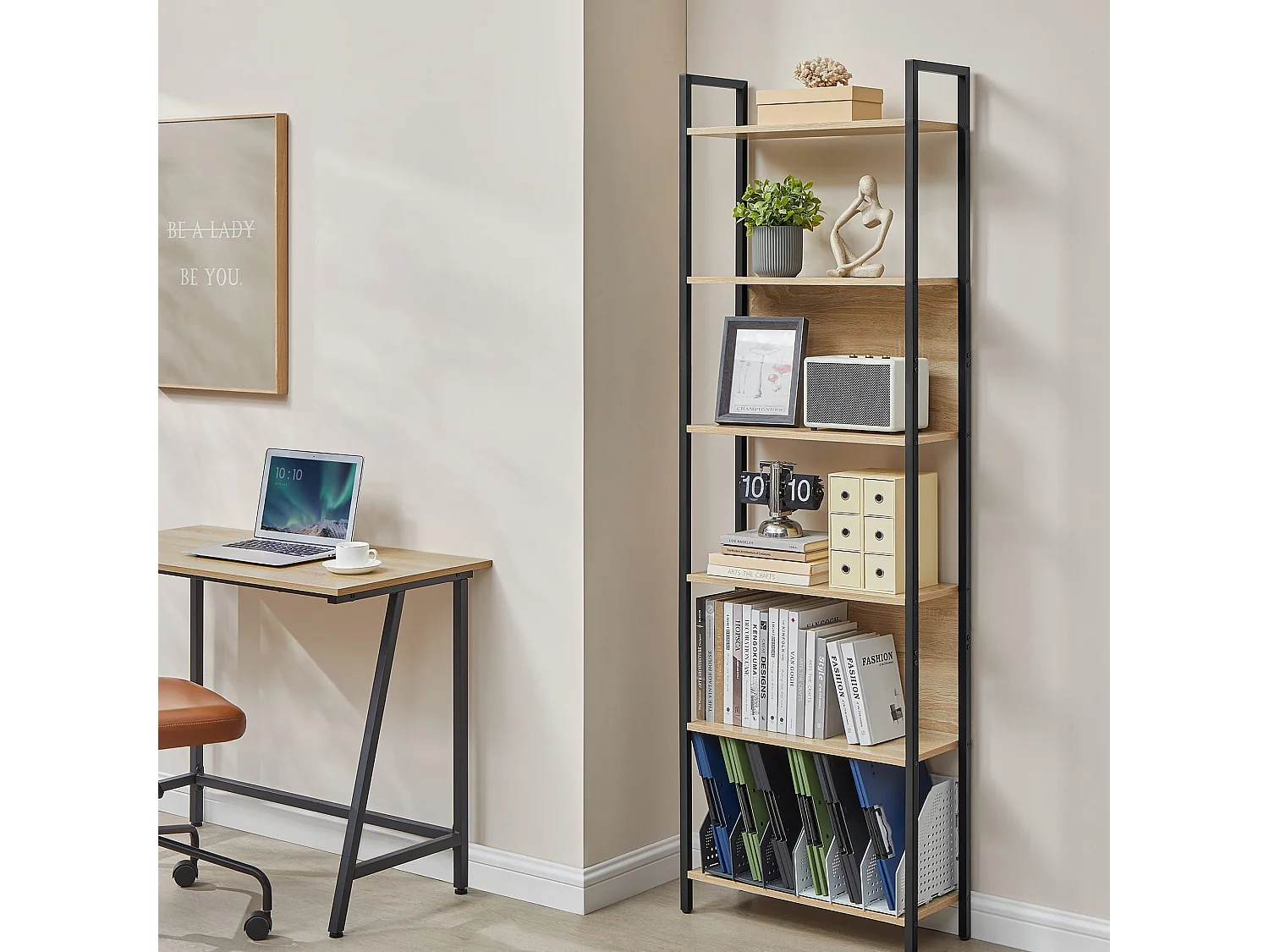 Bibliothèque Valora 6 étagères chêne Sonoma cadre noir rangement