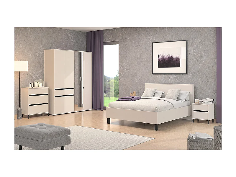 Ensemble chambre lit 160x200, 2 chevets, commode et armoire couleur beige