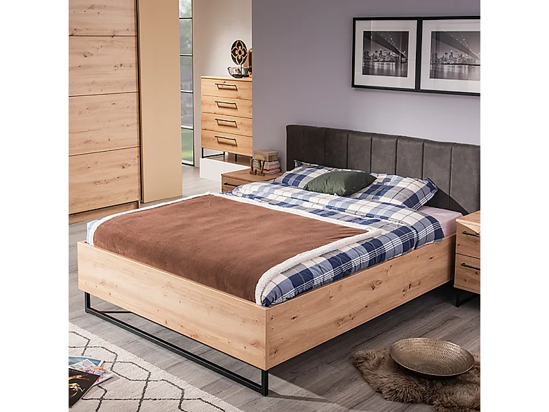 Ensemble chambre lit 160x200 et 2 chevets couleur chêne artisan / noir