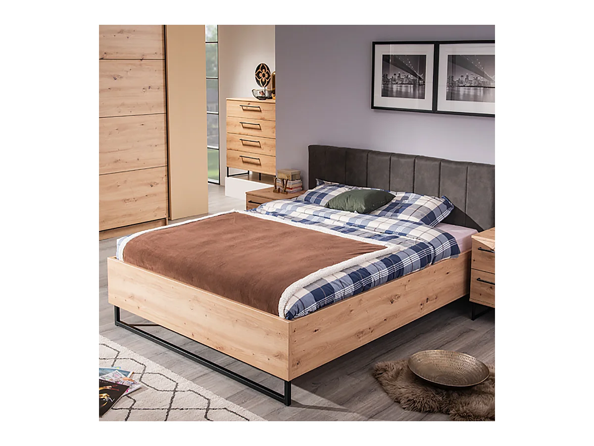 Ensemble chambre lit 160x200 et 2 chevets couleur chêne artisan / noir