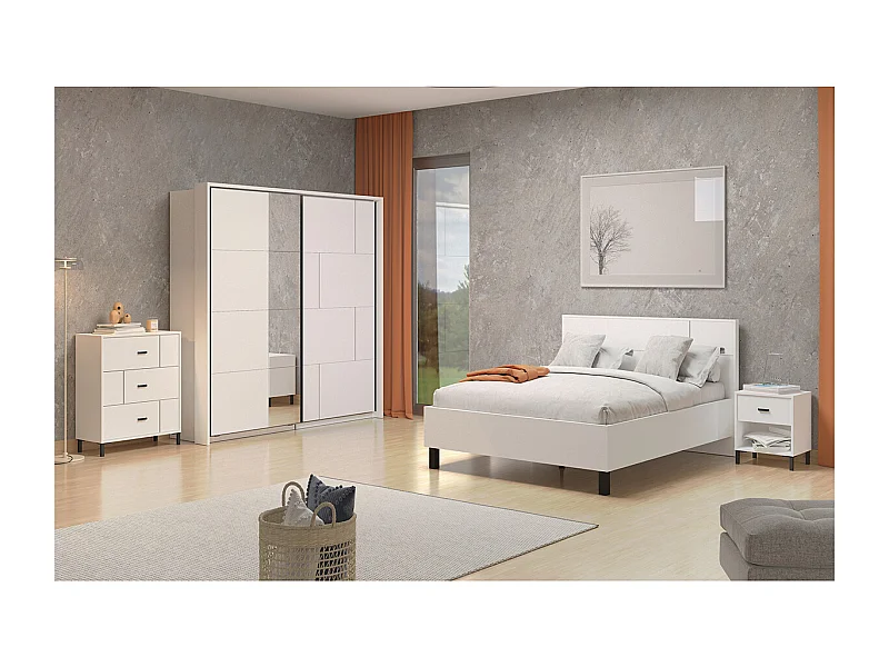 Ensemble chambre lit 160x200, 2 chevets, commode et armoire couleur blanc