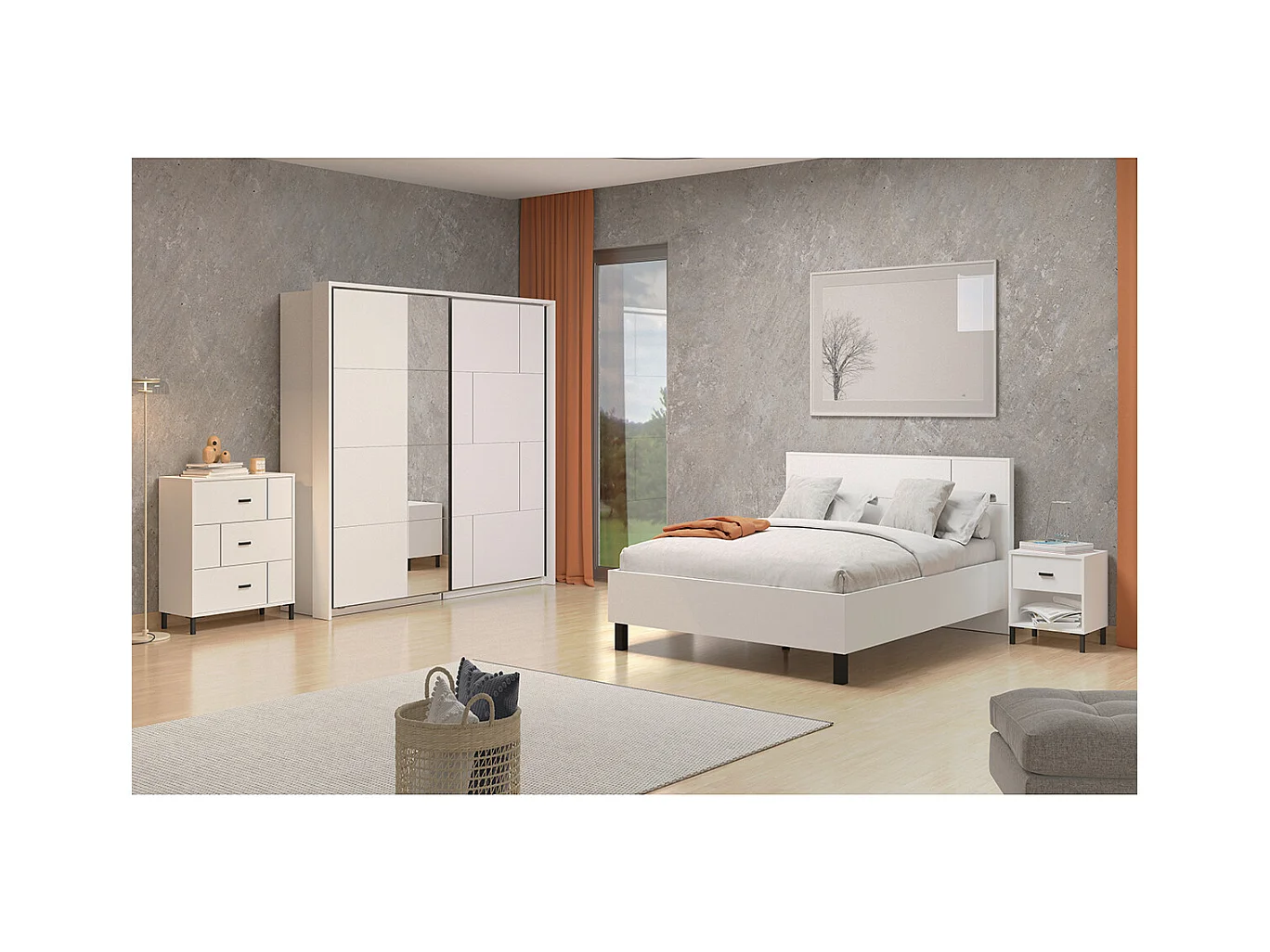 Ensemble chambre lit 160x200, 2 chevets, commode et armoire couleur blanc