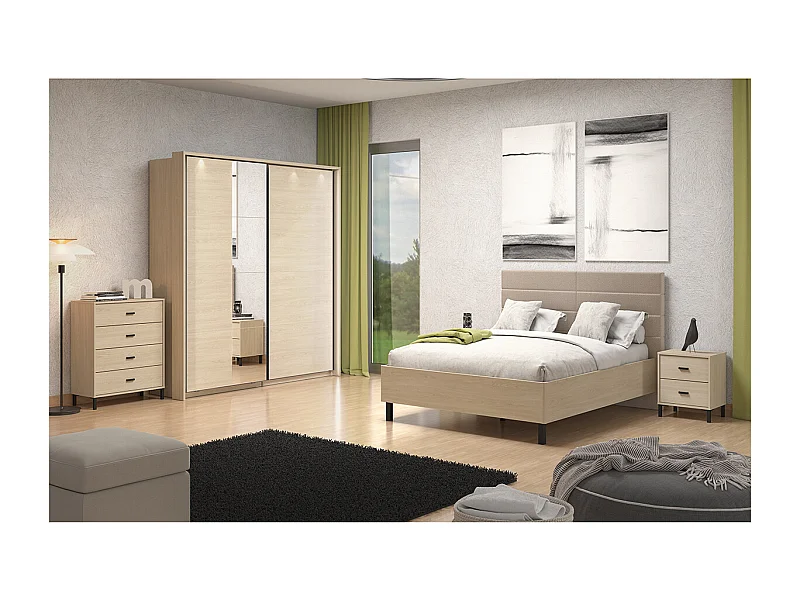 Ensemble chambre lit 160x200, 2 chevets, commode et armoire couleur chêne clair