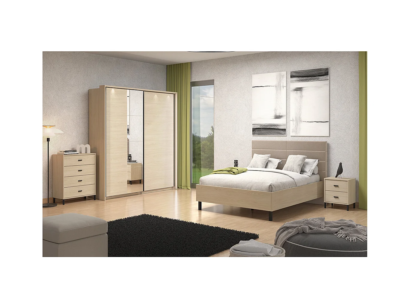 Ensemble chambre lit 160x200, 2 chevets, commode et armoire couleur chêne clair