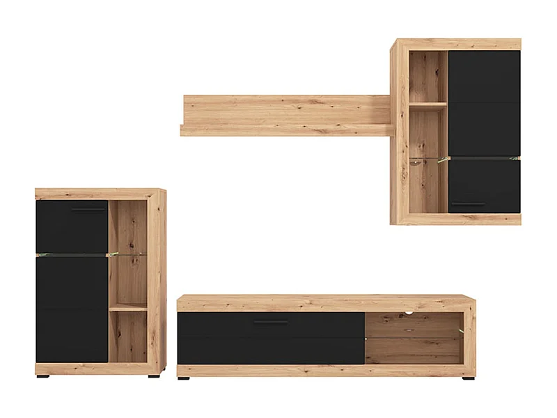Ensemble TV avec vitrine, meuble TV, meuble haut et étagère couleur chêne artisan / noir - Longueur 266,5 x profondeur 41,5 x hauteur 186 cm