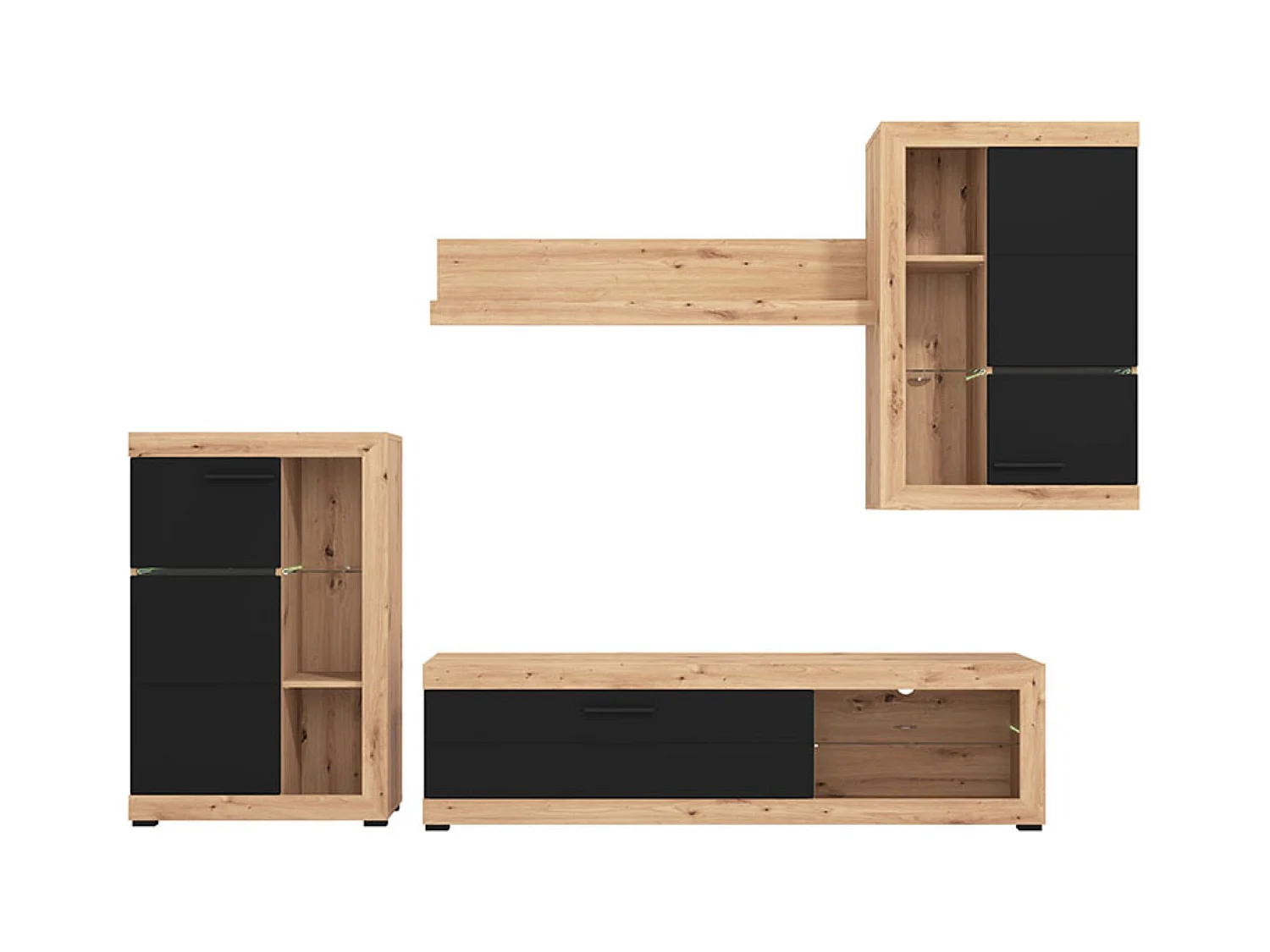 Ensemble TV avec vitrine, meuble TV, meuble haut et étagère couleur chêne artisan / noir - Longueur 266,5 x profondeur 41,5 x hauteur 186 cm