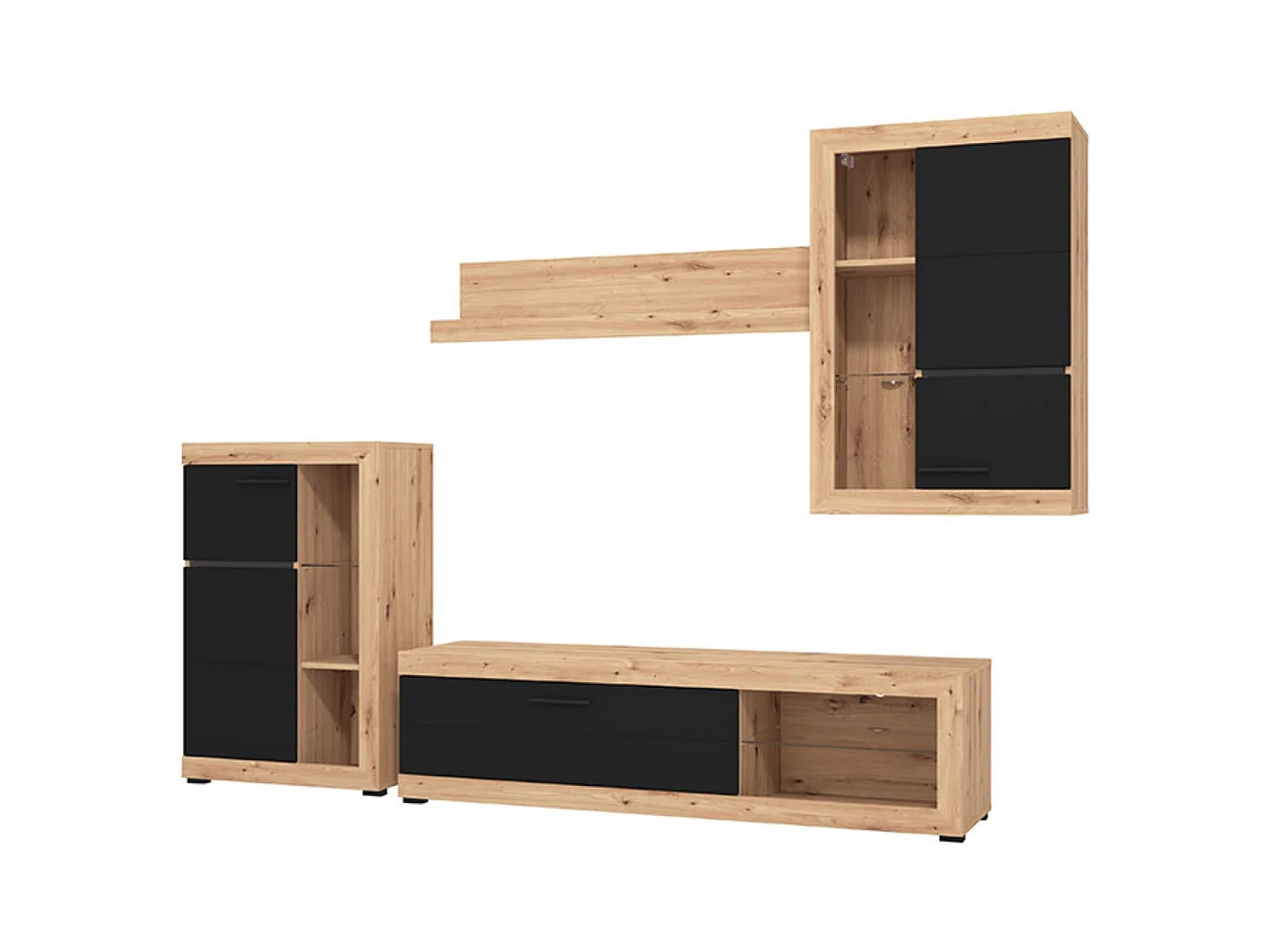 Ensemble TV avec vitrine, meuble TV, meuble haut et étagère couleur chêne artisan / noir - Longueur 266,5 x profondeur 41,5 x hauteur 186 cm