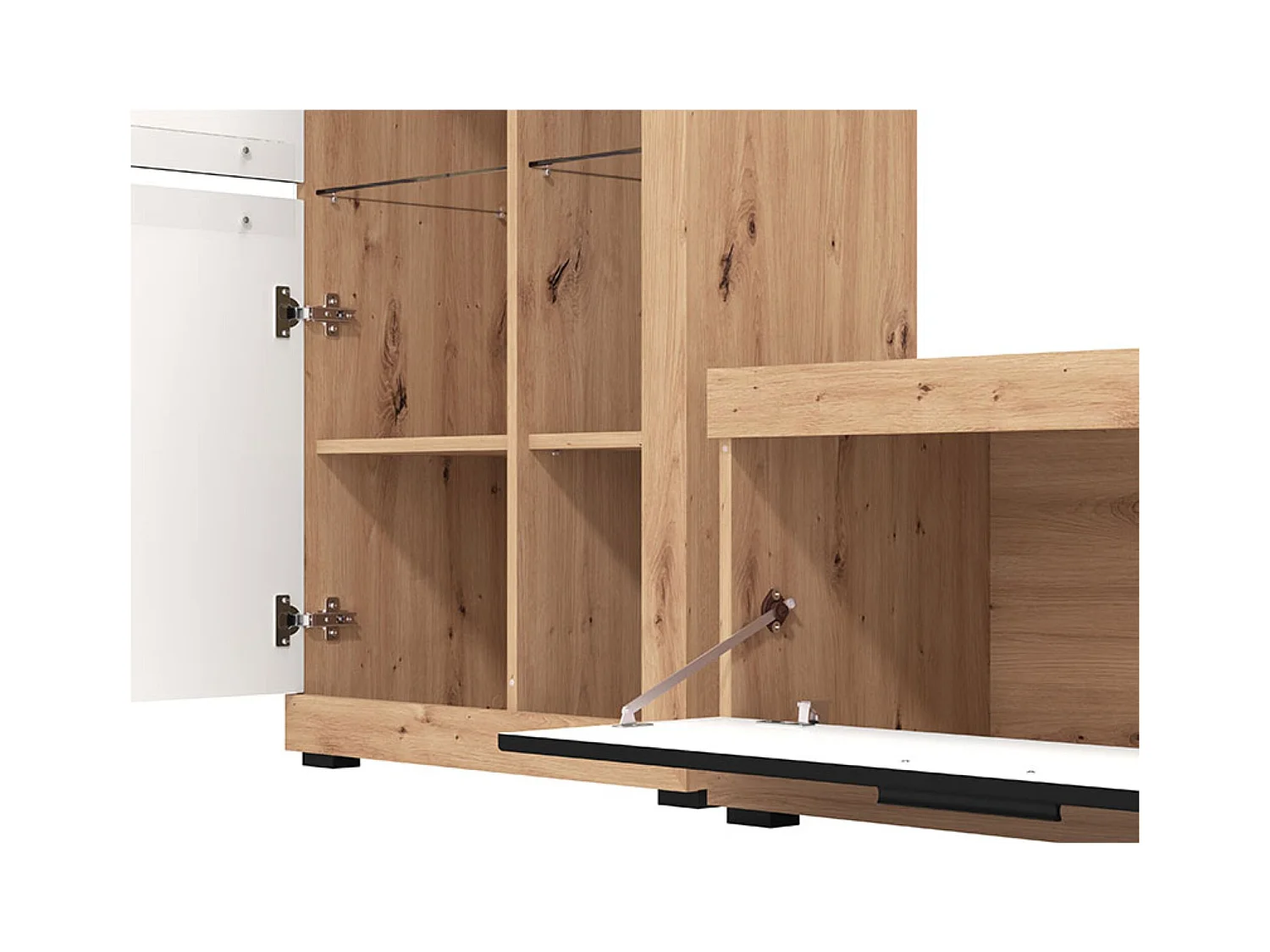 Ensemble TV avec vitrine, meuble TV, meuble haut et étagère couleur chêne artisan / noir - Longueur 266,5 x profondeur 41,5 x hauteur 186 cm