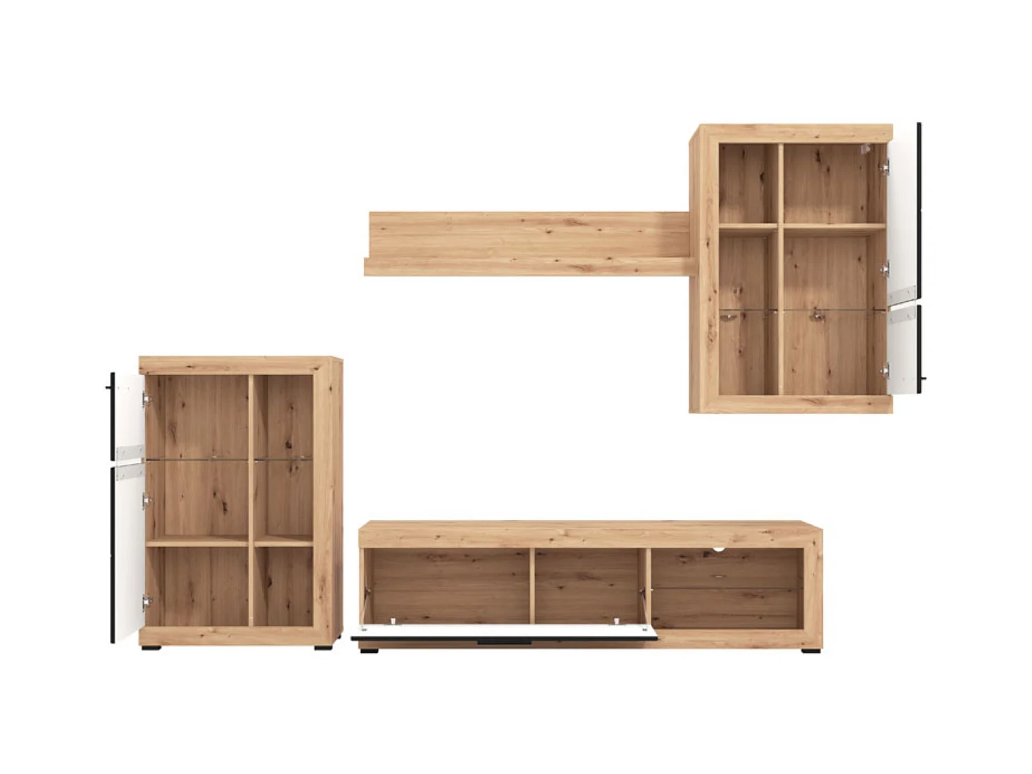 Ensemble TV avec vitrine, meuble TV, meuble haut et étagère couleur chêne artisan / noir - Longueur 266,5 x profondeur 41,5 x hauteur 186 cm