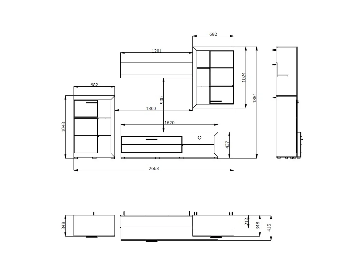 Ensemble TV avec vitrine, meuble TV, meuble haut et étagère couleur chêne artisan / noir - Longueur 266,5 x profondeur 41,5 x hauteur 186 cm