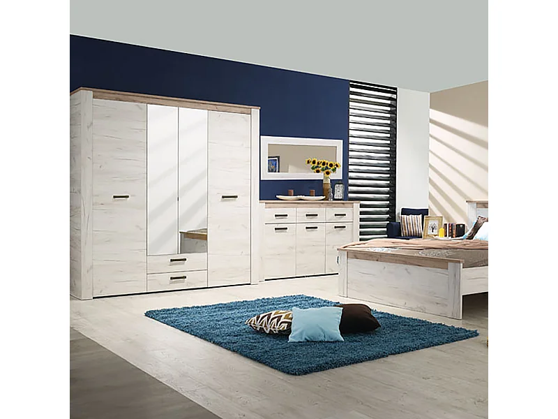 Ensemble chambre lit 160x200, 2 chevets et armoire couleur chêne blanc / chêne gris