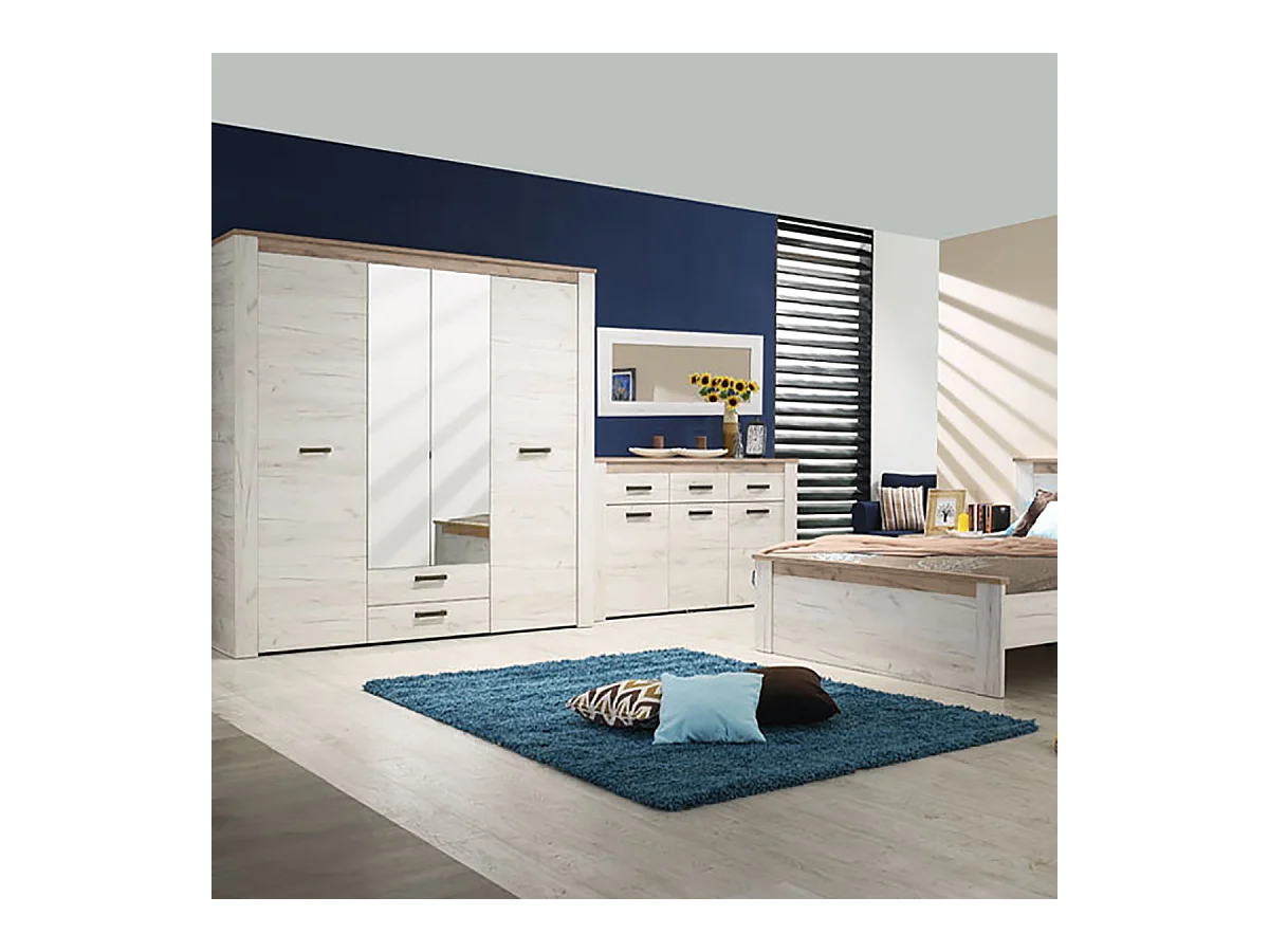 Ensemble chambre lit 160x200, 2 chevets et armoire couleur chêne blanc / chêne gris