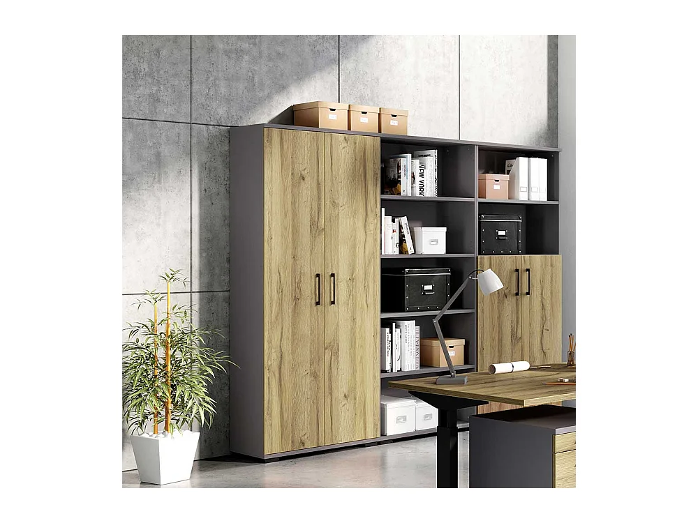 Büroschrank in Wildeichefarben und Dunkelgrau 200 cm hoch
