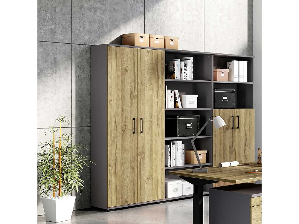 Büroschrank in Wildeichefarben und Dunkelgrau 200 cm hoch