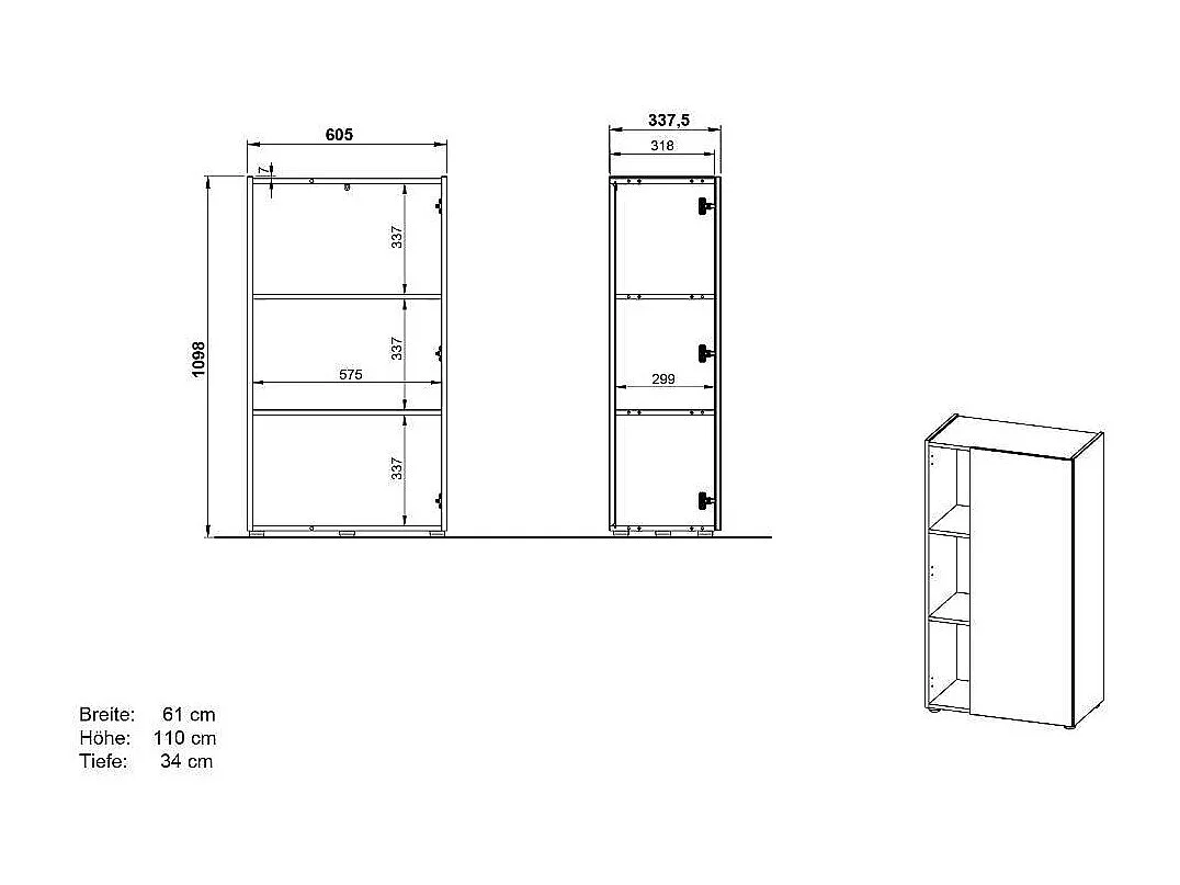 Büroschrank Schrank Büro mit zwei Einlegeböden 1 türig