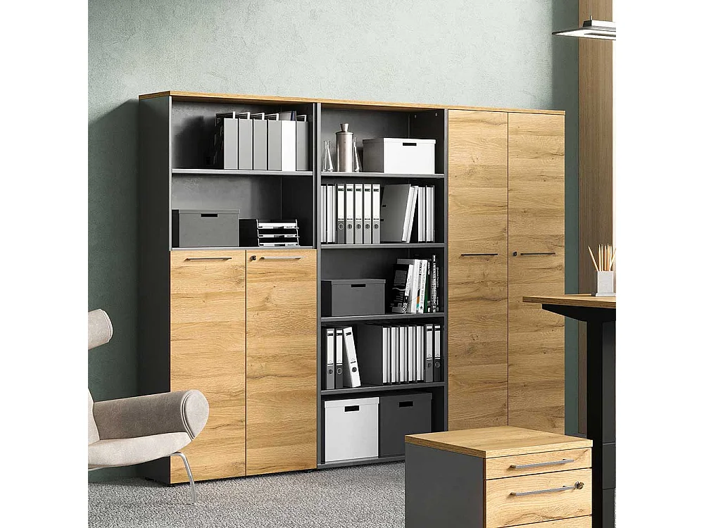 Büroschrank in Wildeichefarben und Dunkelgrau 80 cm breit