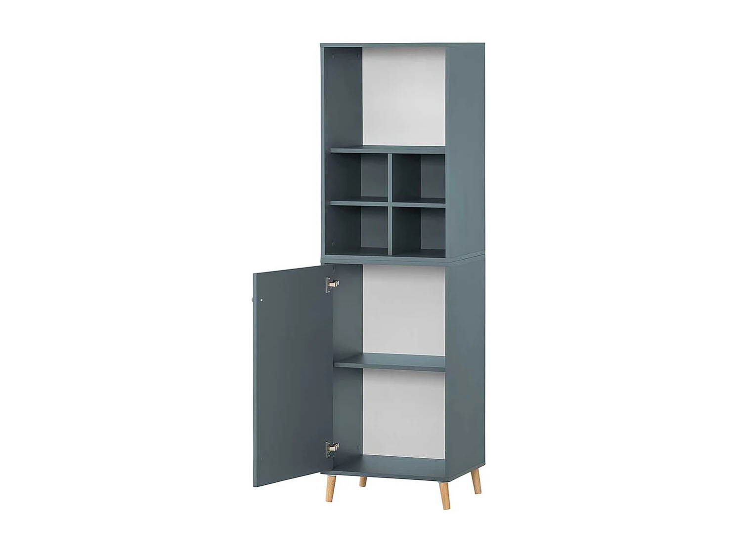 Schmaler Aktenschrank in Petrol und Eichefarben herausnehmbarem Regalkreuz