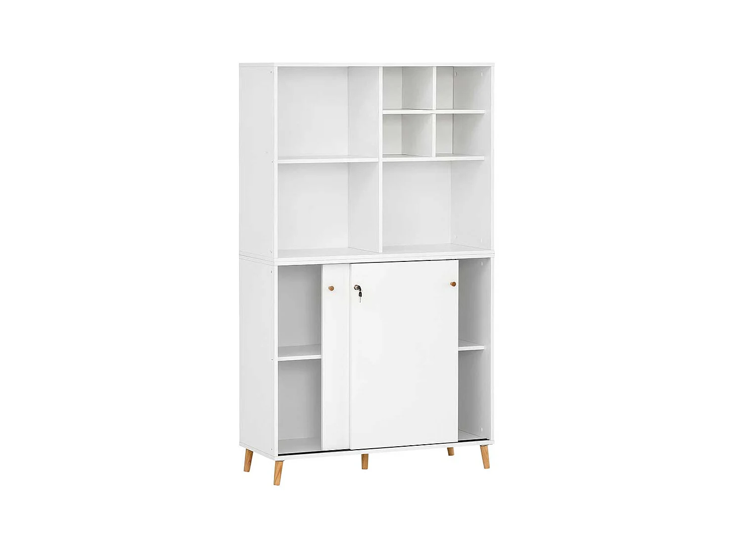 Weißer Büroschrank mit herausnehmbarem Regalkreuz Schiebetüren