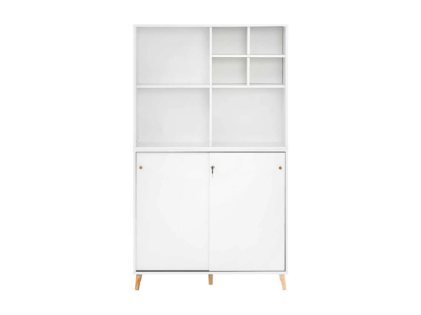 Weißer Büroschrank mit herausnehmbarem Regalkreuz Schiebetüren