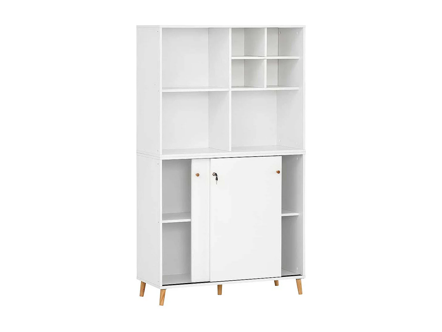 Weißer Büroschrank mit herausnehmbarem Regalkreuz Schiebetüren