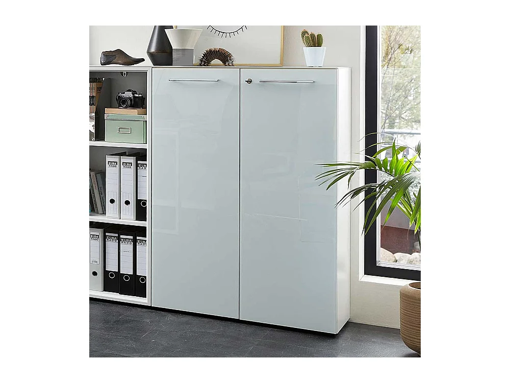 Aktenordnerschrank in Weiß mit Glas beschichtet abschließbar