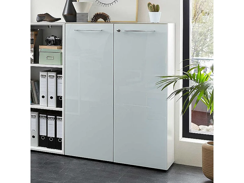 Aktenordnerschrank in Weiß mit Glas beschichtet abschließbar