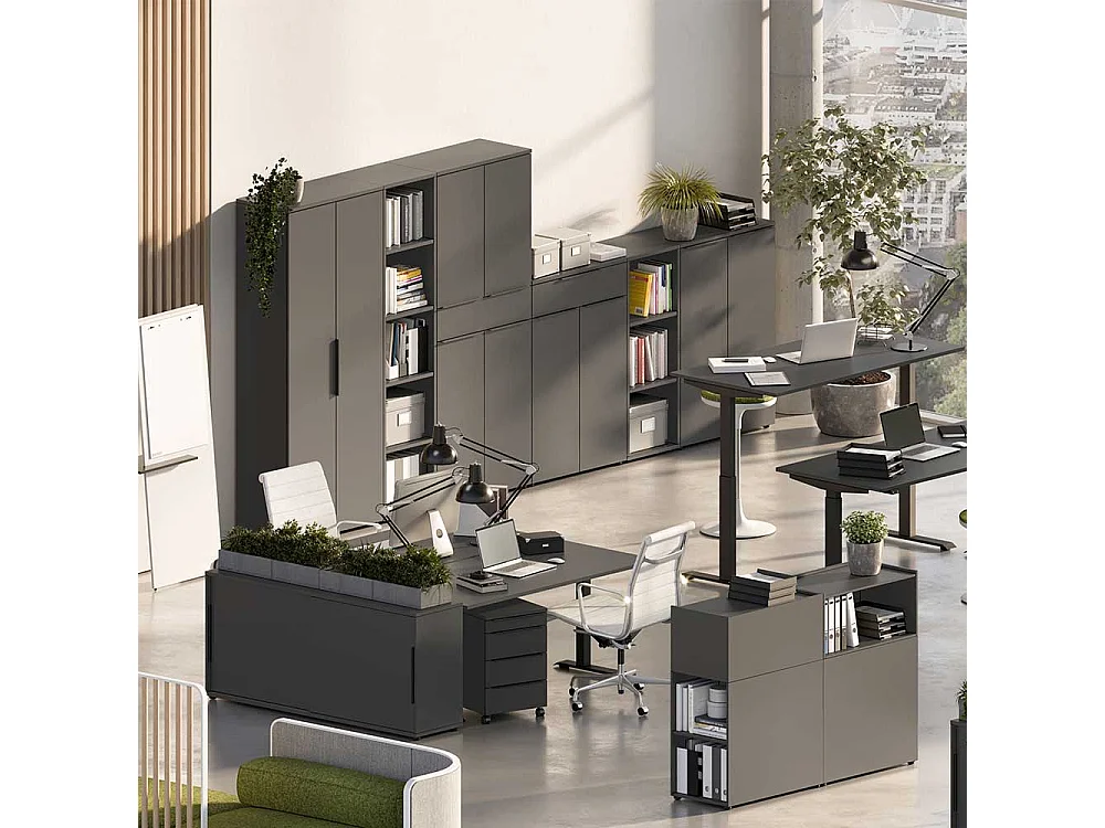 Aktenschrank Büro Sideboard in Dunkelgrau mit Schiebetüren