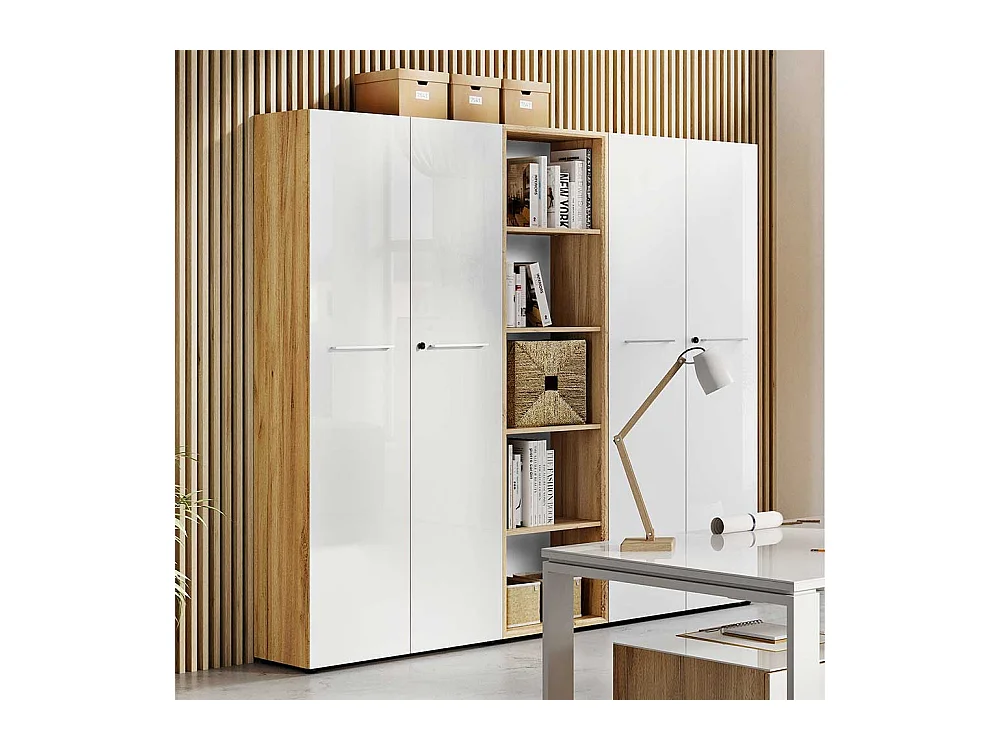 Aktenordnerschrank in Weiß und Wildeiche Optik Glas beschichtet