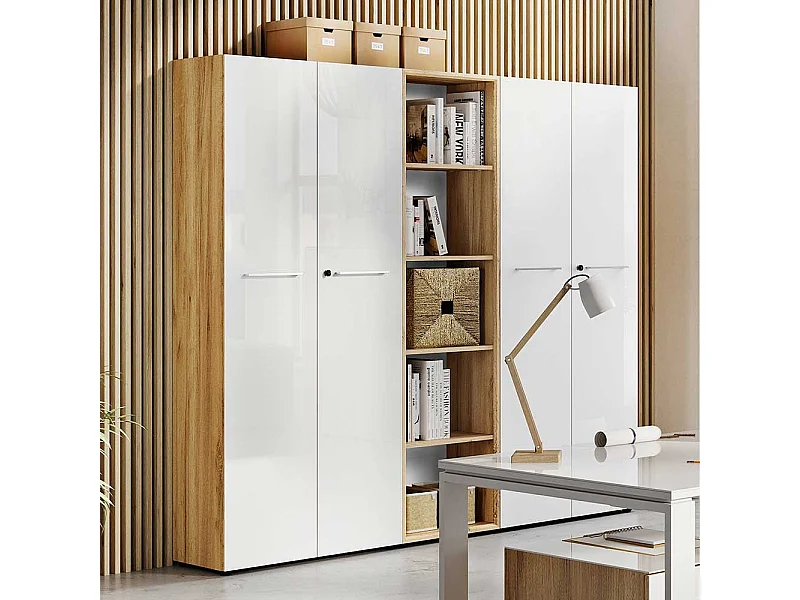 Aktenordnerschrank in Weiß und Wildeiche Optik Glas beschichtet