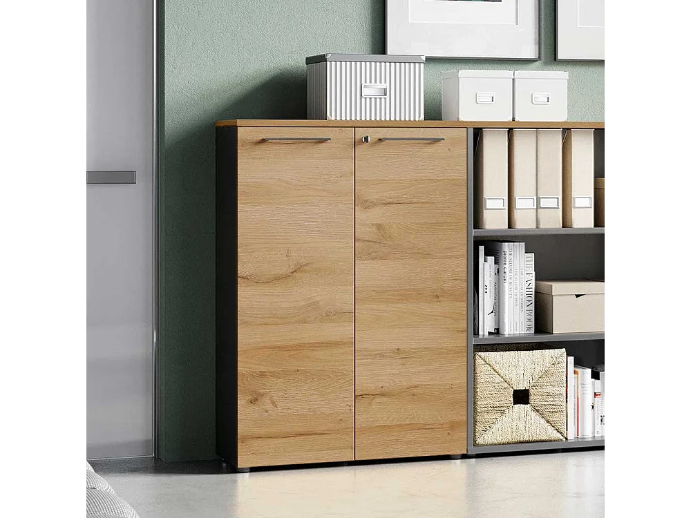 Aktenschrank in Wildeichefarben und Dunkelgrau abschließbar