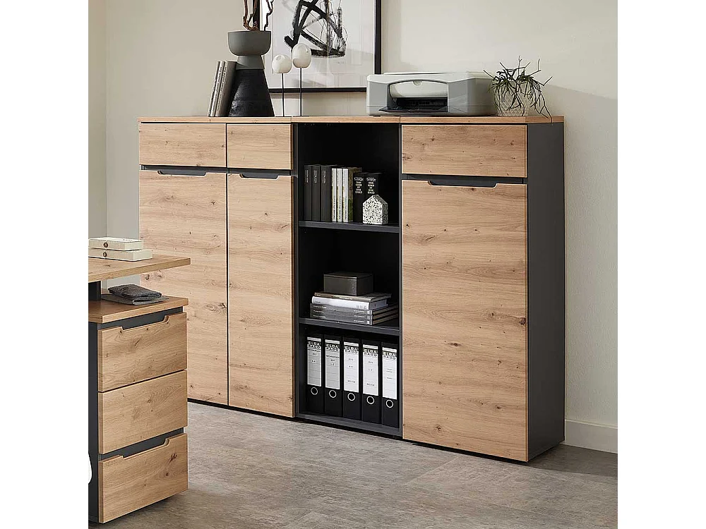 Büroschrank klein in Wildeichefarben & Dunkelgrau 45 cm breit