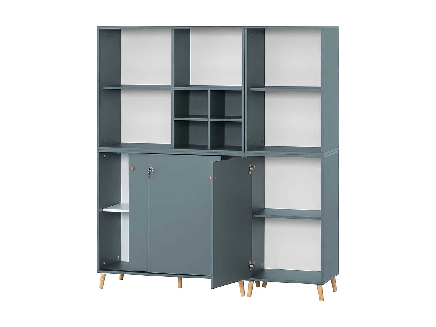 Großer Officeschrank Petrol mit herausnehmbarem Regalkreuz 185 cm hoch