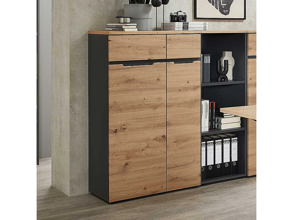 Aktenschrank klein in Wildeichefarben & Dunkelgrau 75 cm breit