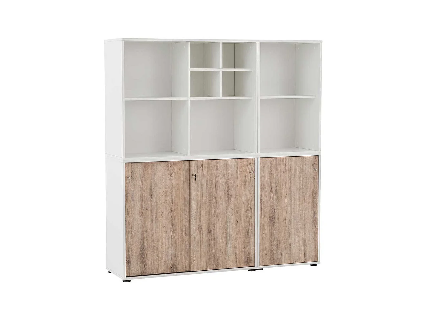 Aktenordnerschrank Büro in Wildeichefarben & Weiß Dreh- und Schiebetüren