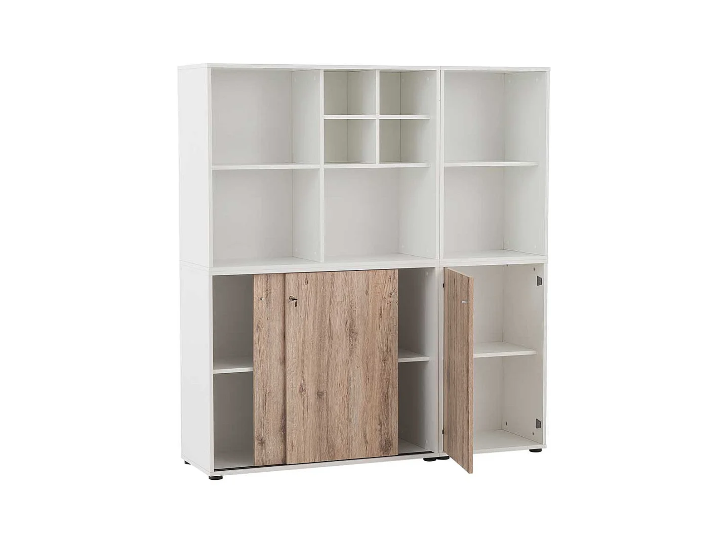 Aktenordnerschrank Büro in Wildeichefarben & Weiß Dreh- und Schiebetüren