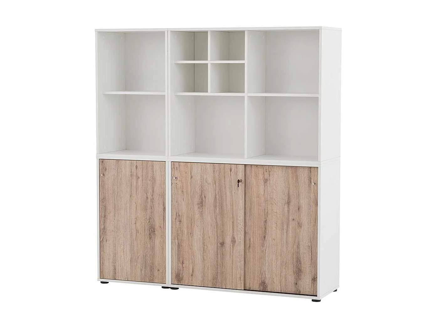 Aktenordnerschrank Büro in Wildeichefarben & Weiß Dreh- und Schiebetüren